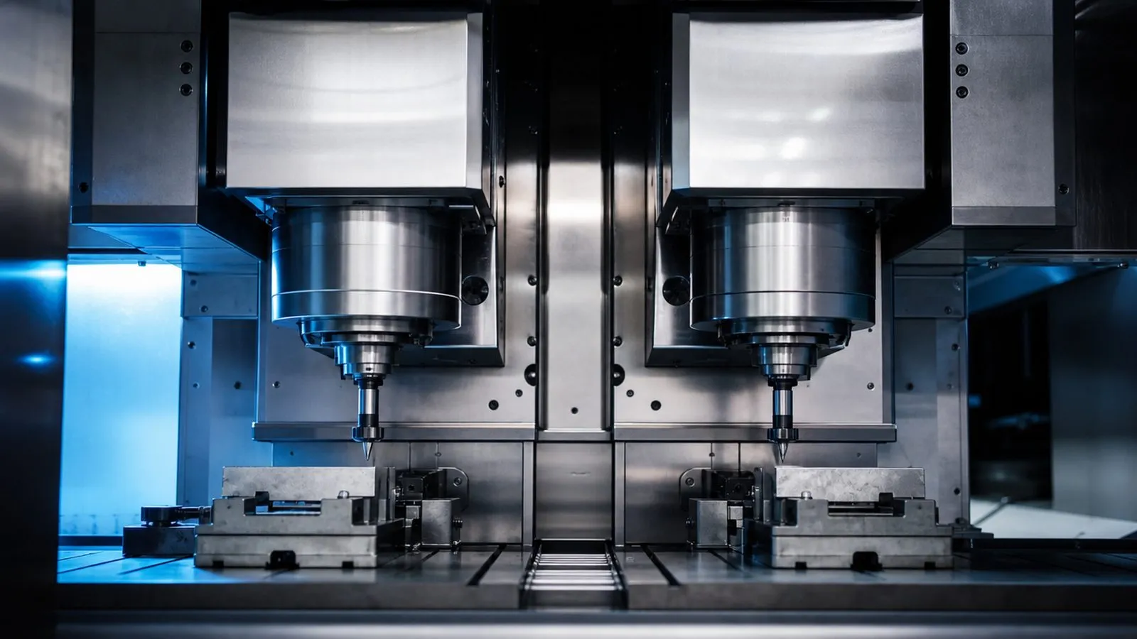 Arbeitsraum eines Doppelspindel-Bearbeitungszentrums mit zwei HSK-A63-Spindeln nebeneinander