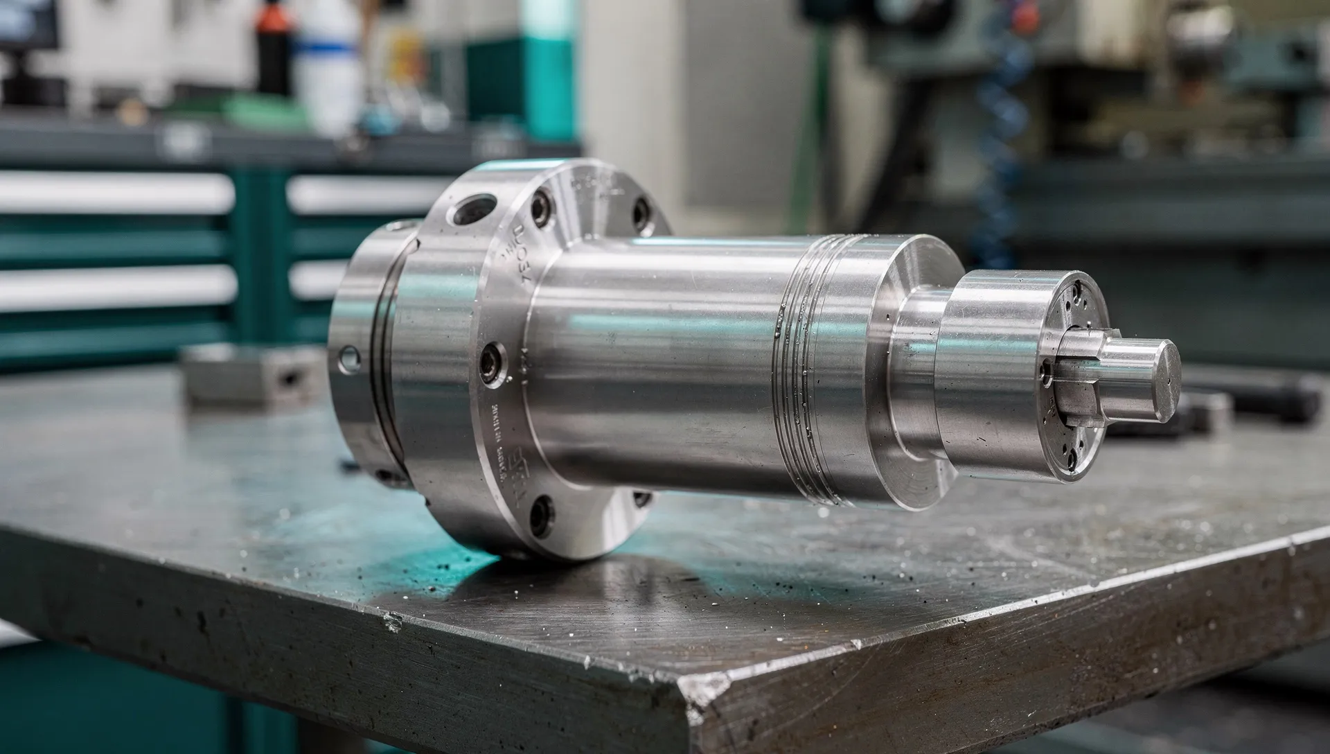 Hauptspindel einer CNC-Drehmaschine mit Futterflansch auf der Werkbank