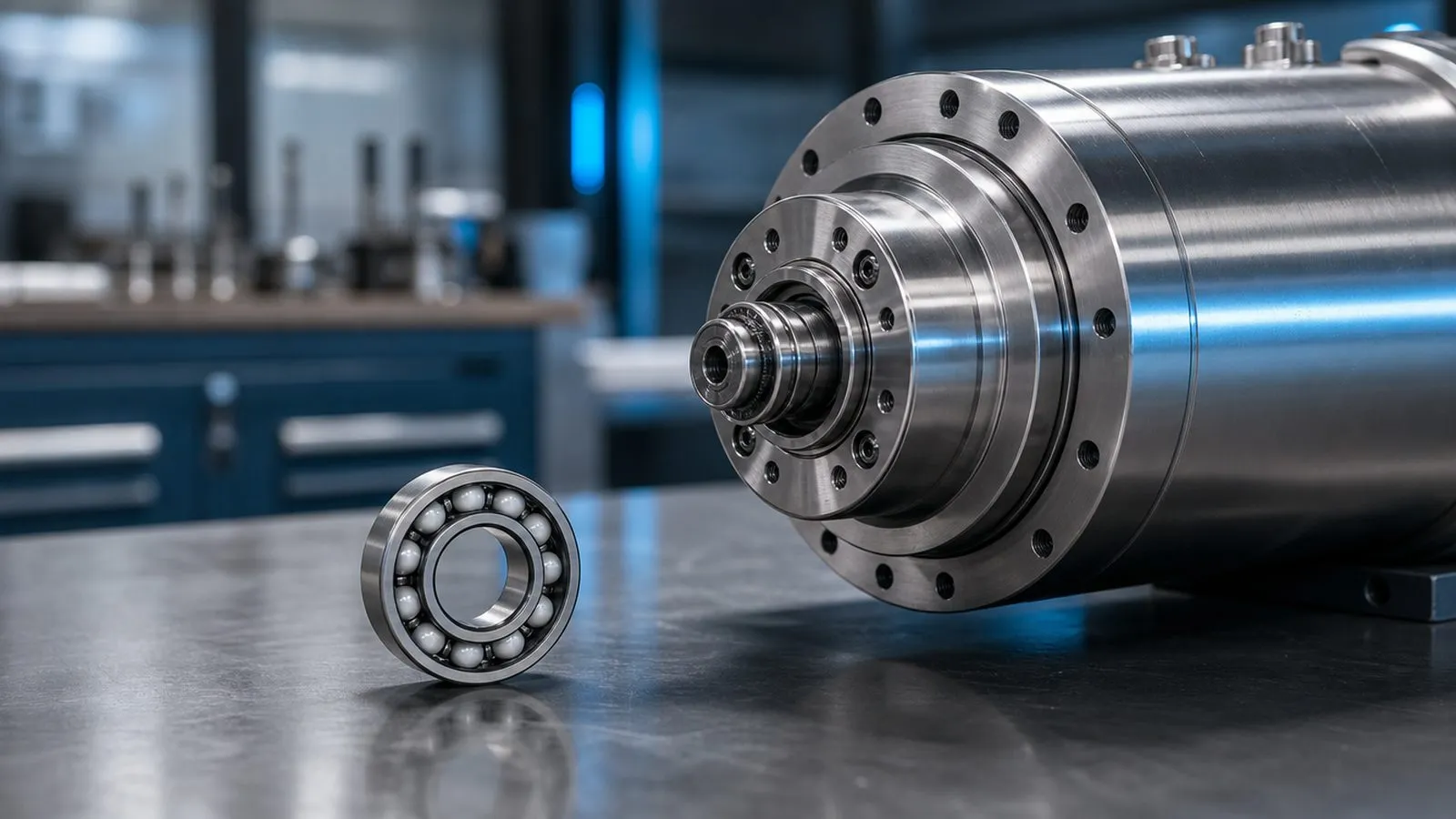 Hybridlager einer HF-Spindel mit Keramikkugeln aus Siliziumnitrid