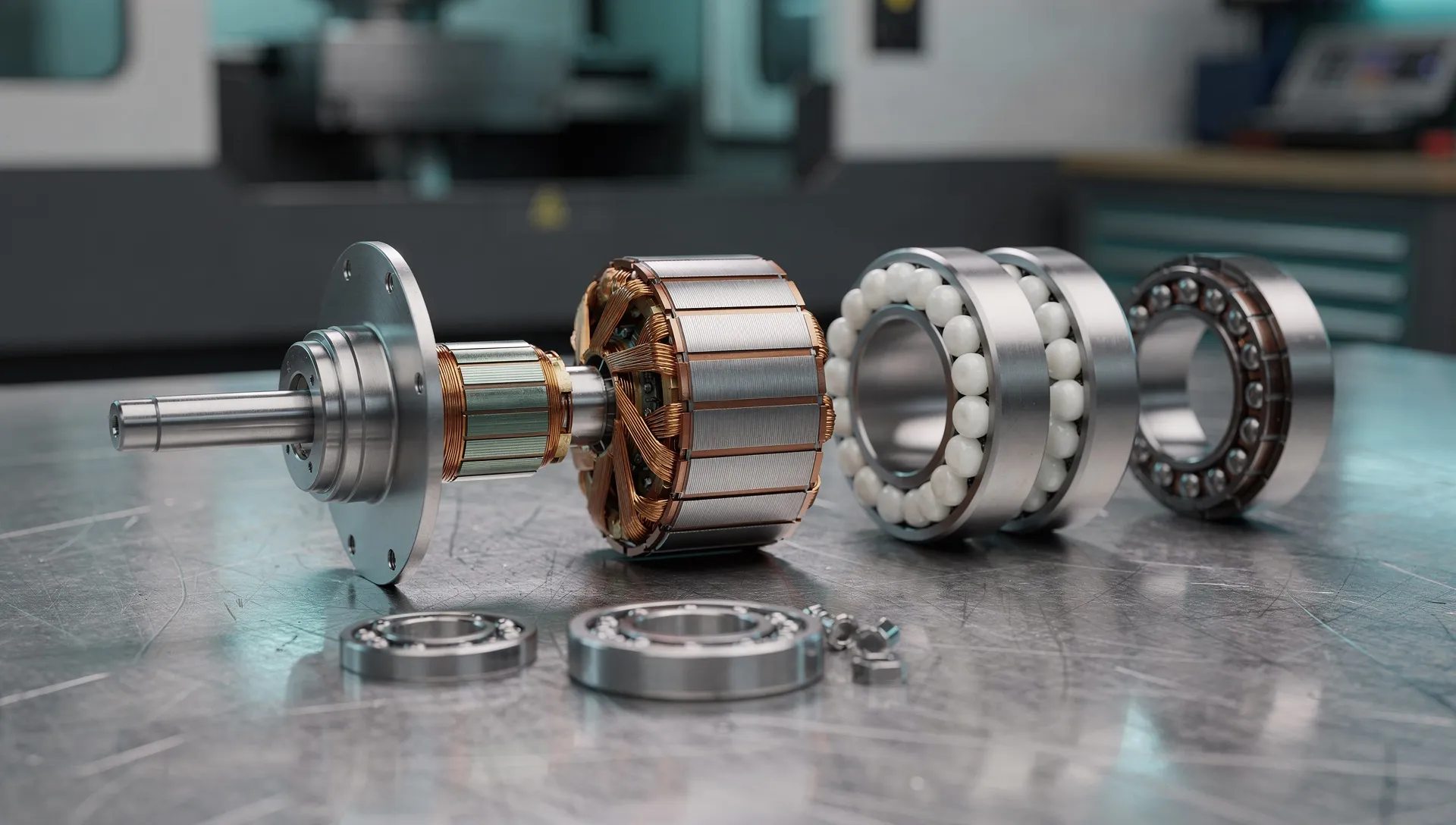 Demontierte HF-Spindel mit Hybridlagern und Stator in der Werkstatt