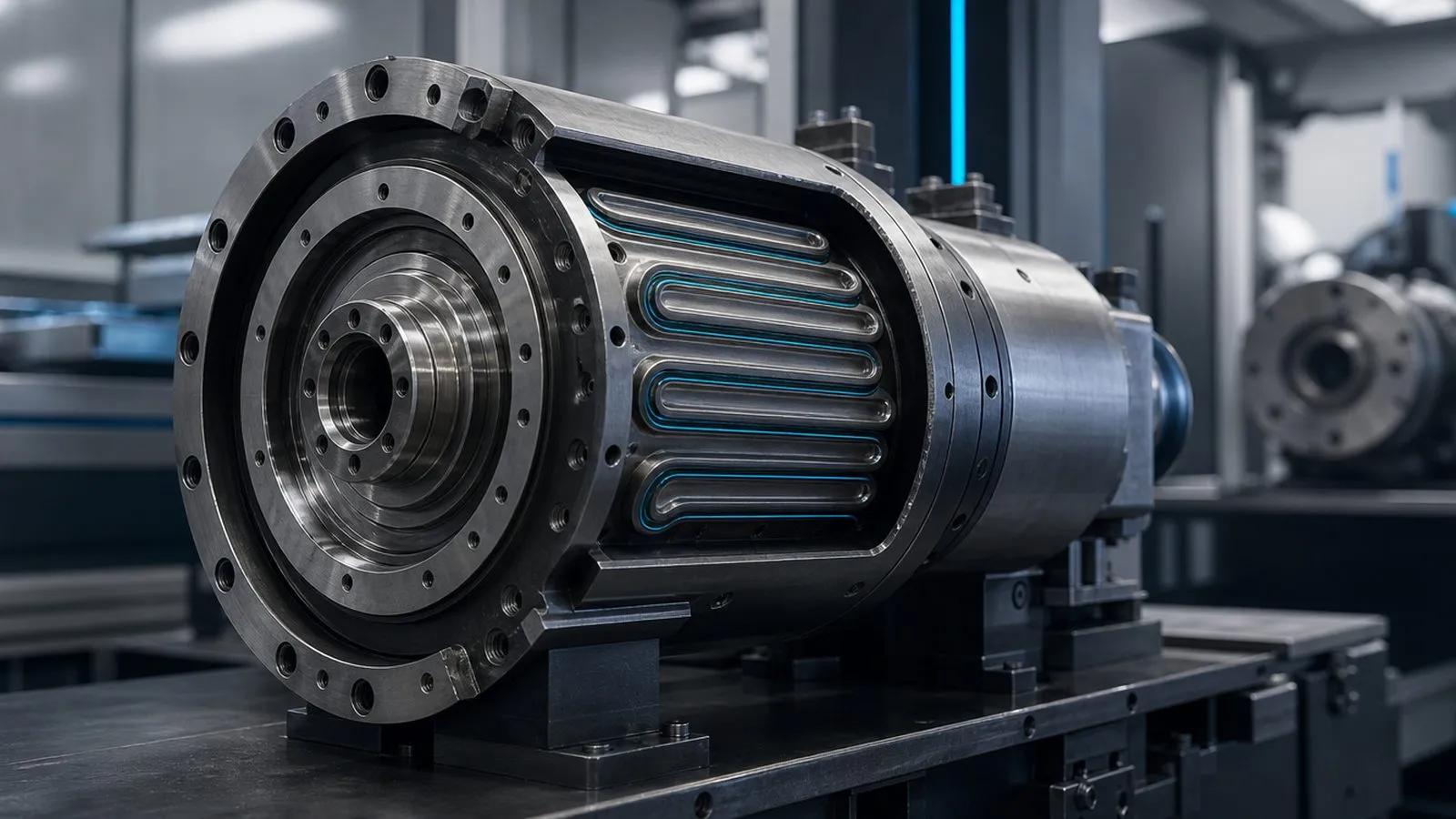 Kühlmantel einer Motorspindel mit Kühlmittelanschlüssen