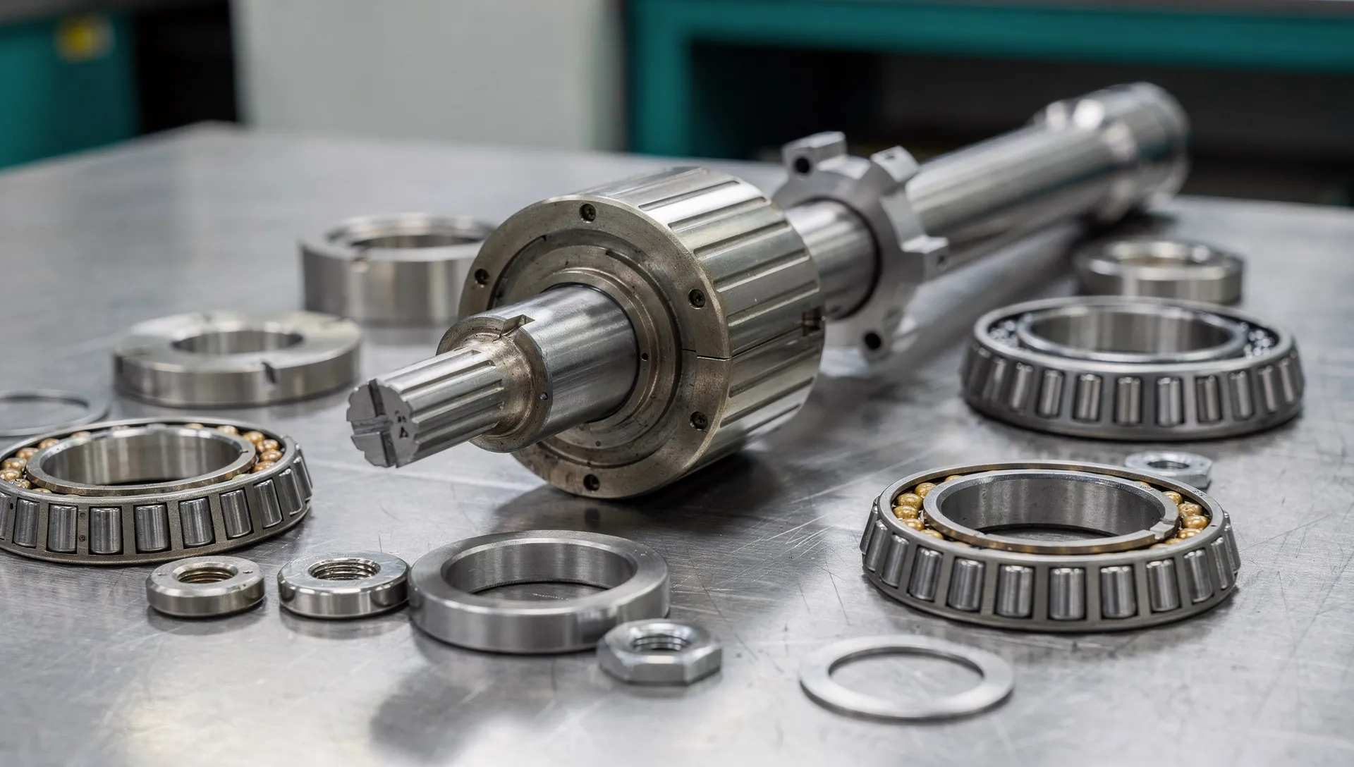Demontierte CNC-Motorspindel mit Rotor und Lagern auf dem Montagetisch