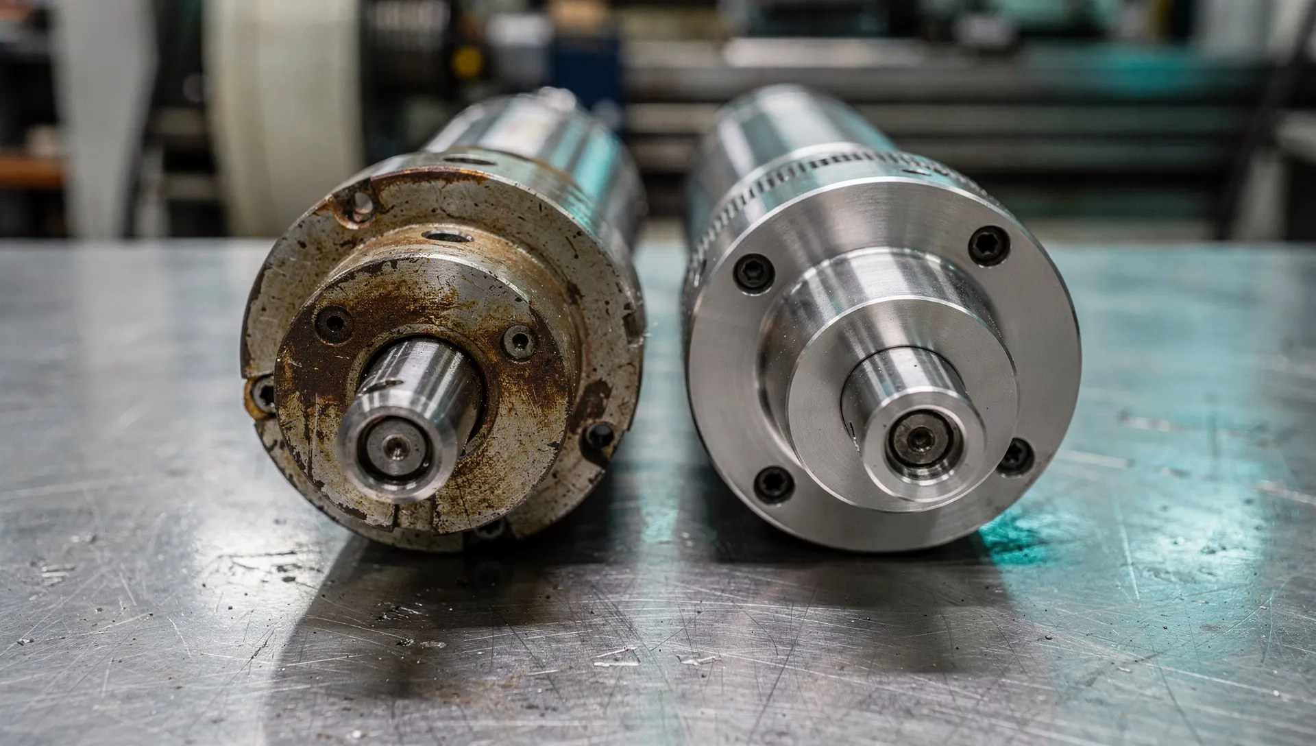 Gebrauchte CNC-Spindel neben aufbereiteter Austauschspindel im Vergleich