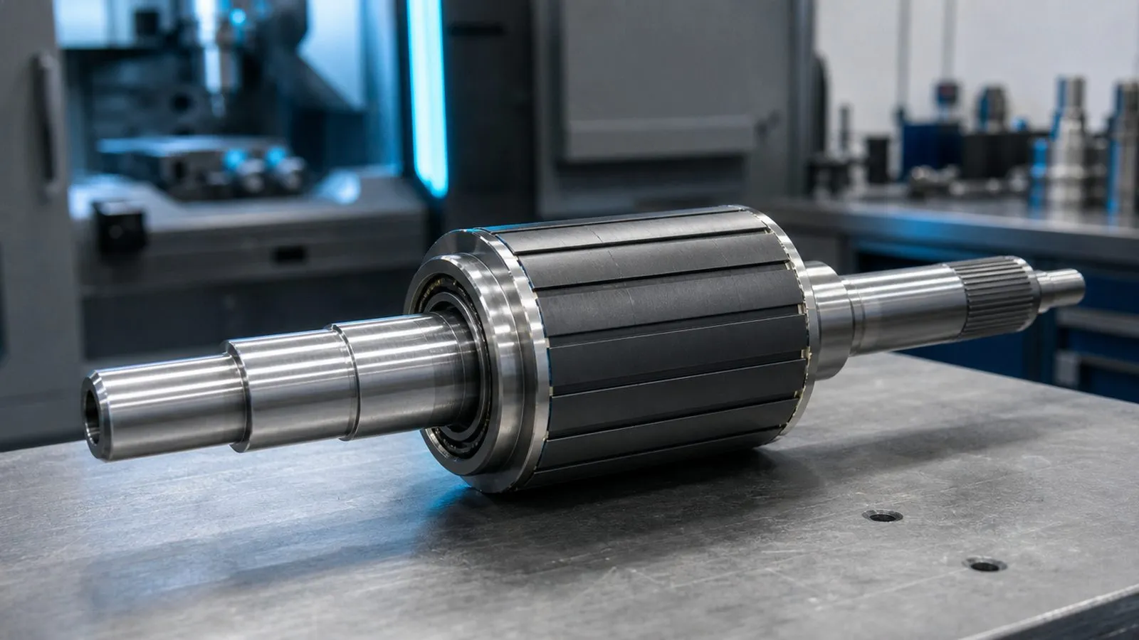 Rotor einer Motorspindel mit freigelegten Lagersitzen auf dem Prüftisch