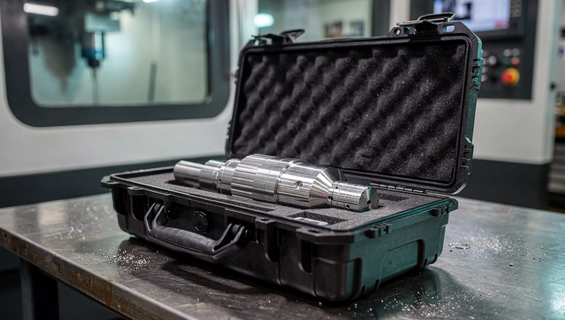 CNC-Spindel im Transportkoffer beim Express-Eingang des Spindel-Notdienst