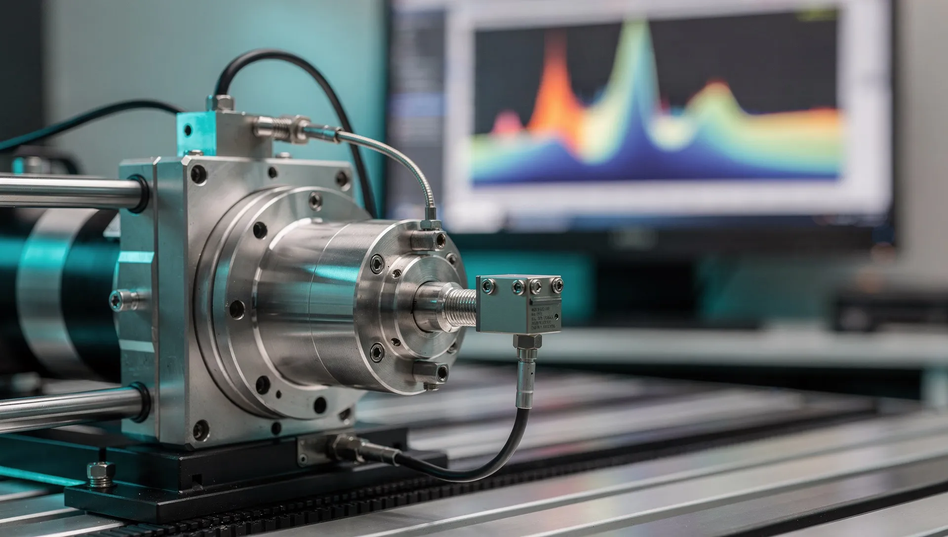 Schwingungsanalyse an einer CNC-Spindel mit Sensor und Frequenzspektrum