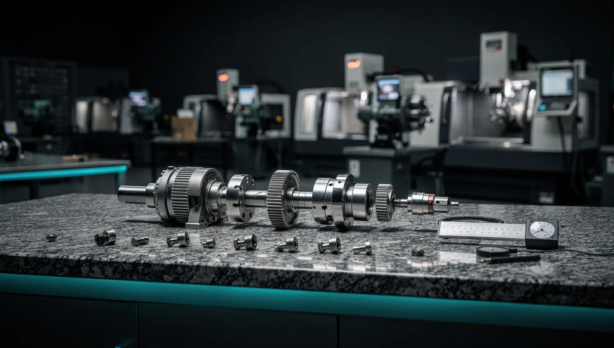 Demontierte Motorspindel auf einem Messtisch, CNC-Werkstatt im Hintergrund