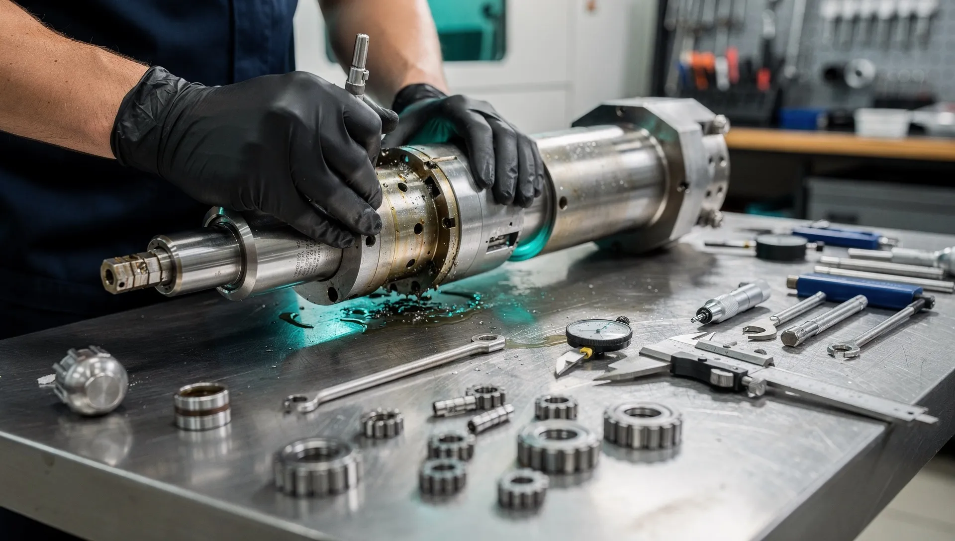 Spindelreparatur in der Werkstatt: Arbeit an einer demontierten CNC-Motorspindel