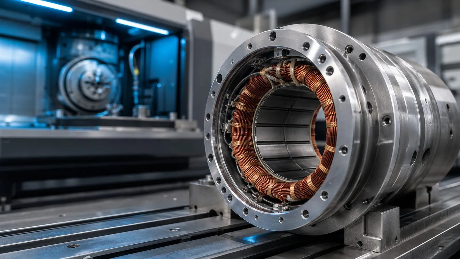 Stator einer Motorspindel mit Wicklung bei der Isolationsprüfung