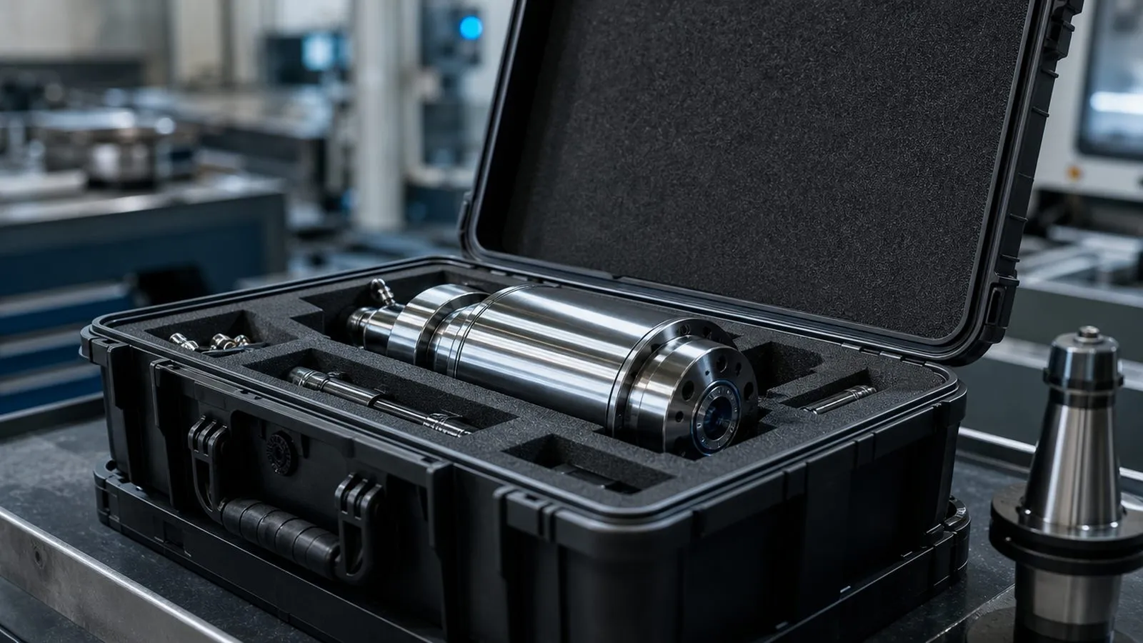 Spindel im Transportkoffer mit Schaumbett vor dem Versand