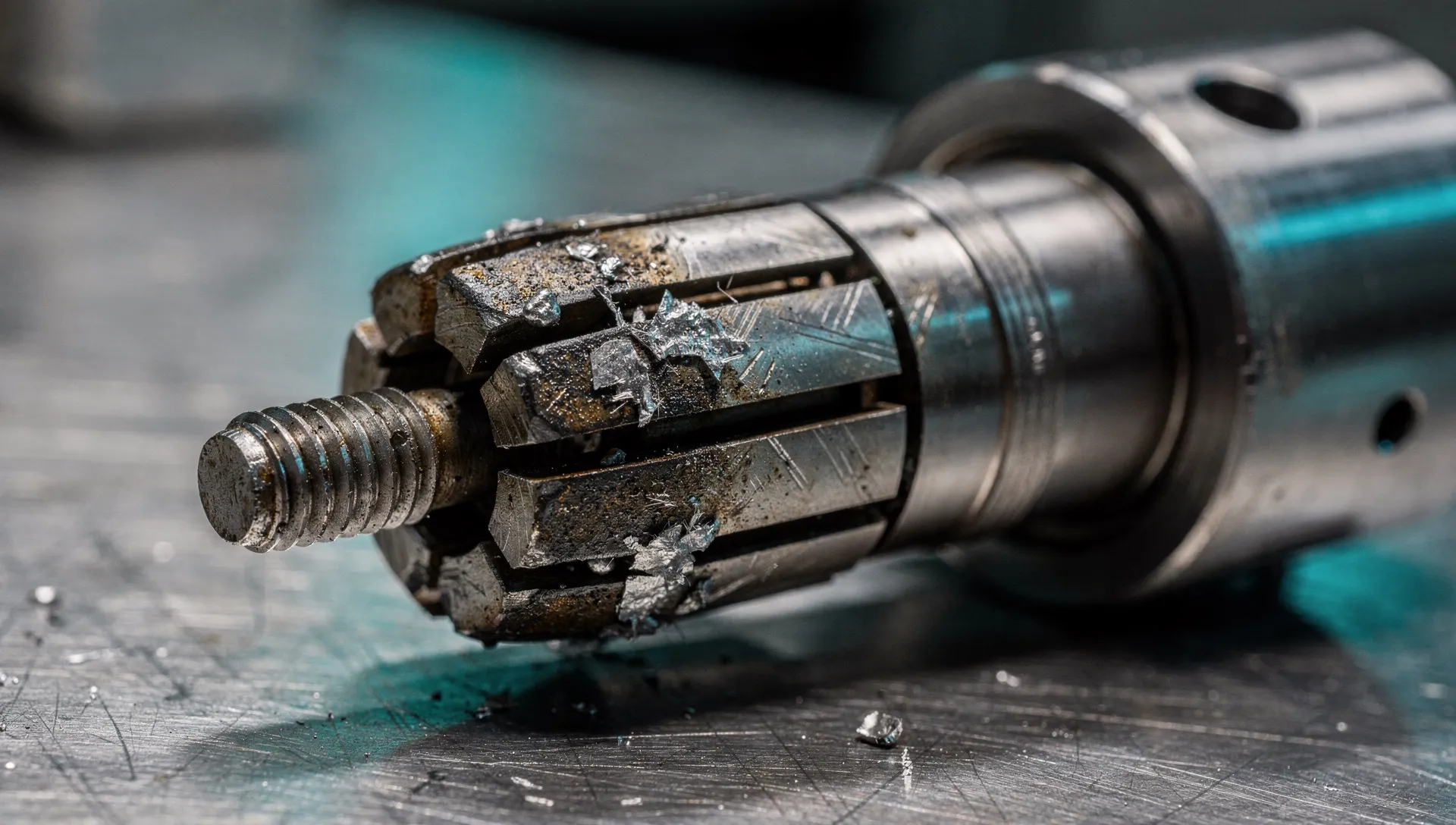 Verschlissener Greifer eines CNC-Werkzeugspanners mit Fretting