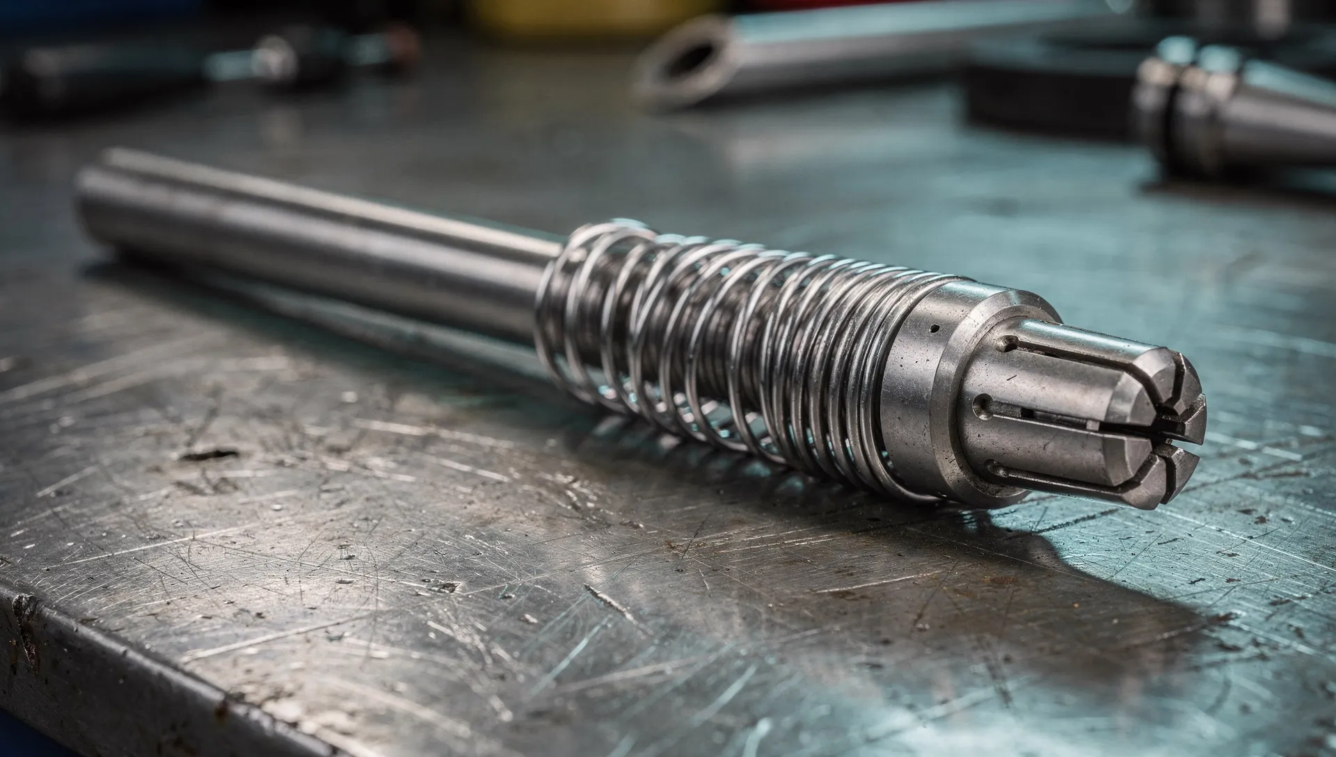 Werkzeugspanner einer CNC-Spindel: Zugstange mit Federpaket und Spanngreifer